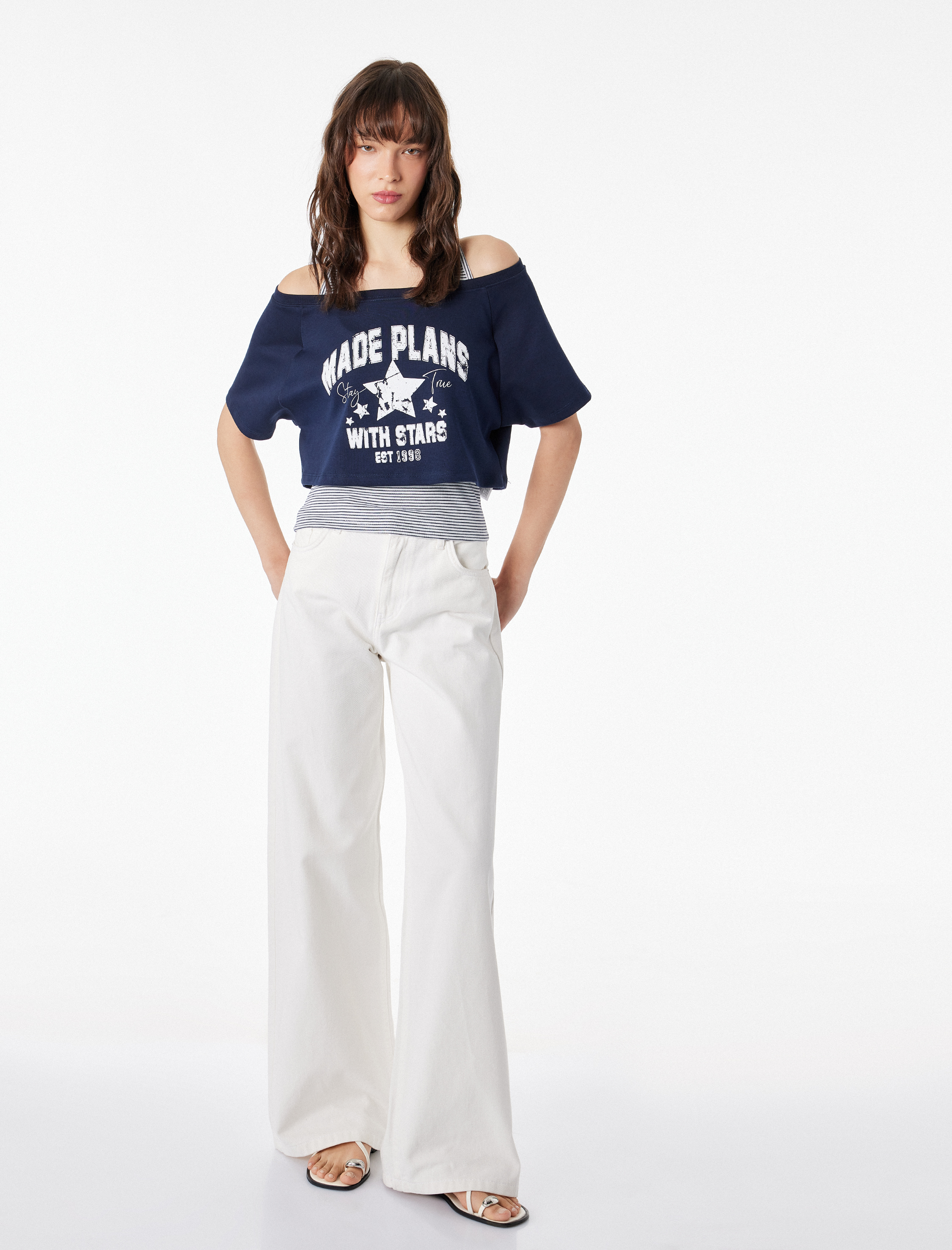   Modal Karışımlı Rahat Kalıp Omzu Açık Kısa Kollu Atletli Crop Tişört