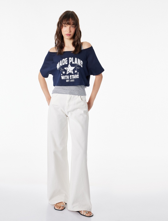  Modal Karışımlı Rahat Kalıp Omzu Açık Kısa Kollu Atletli Crop Tişört