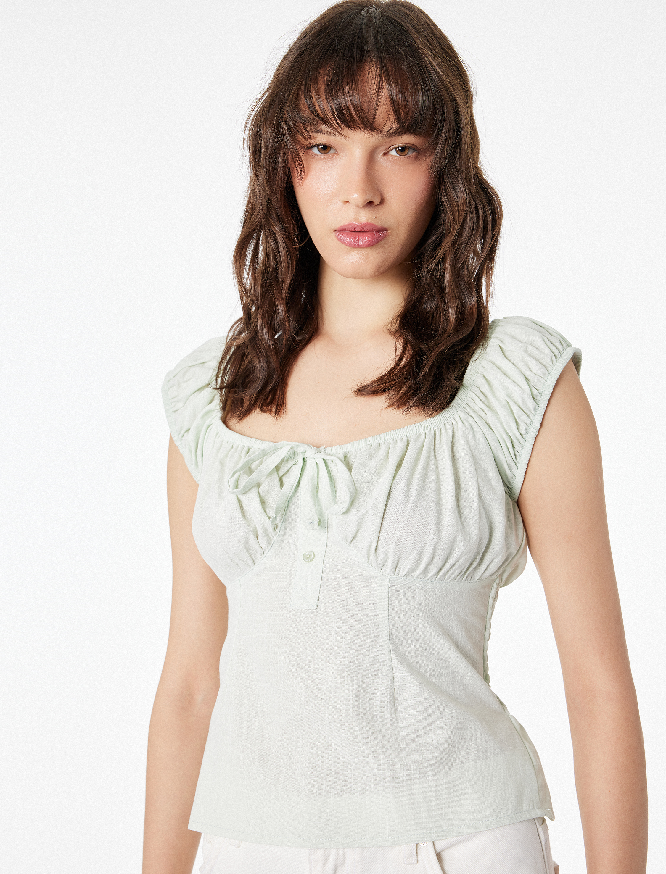   Pamuklu Slim Fit Kısa Balon Kol Bağlamalı Crop Bluz