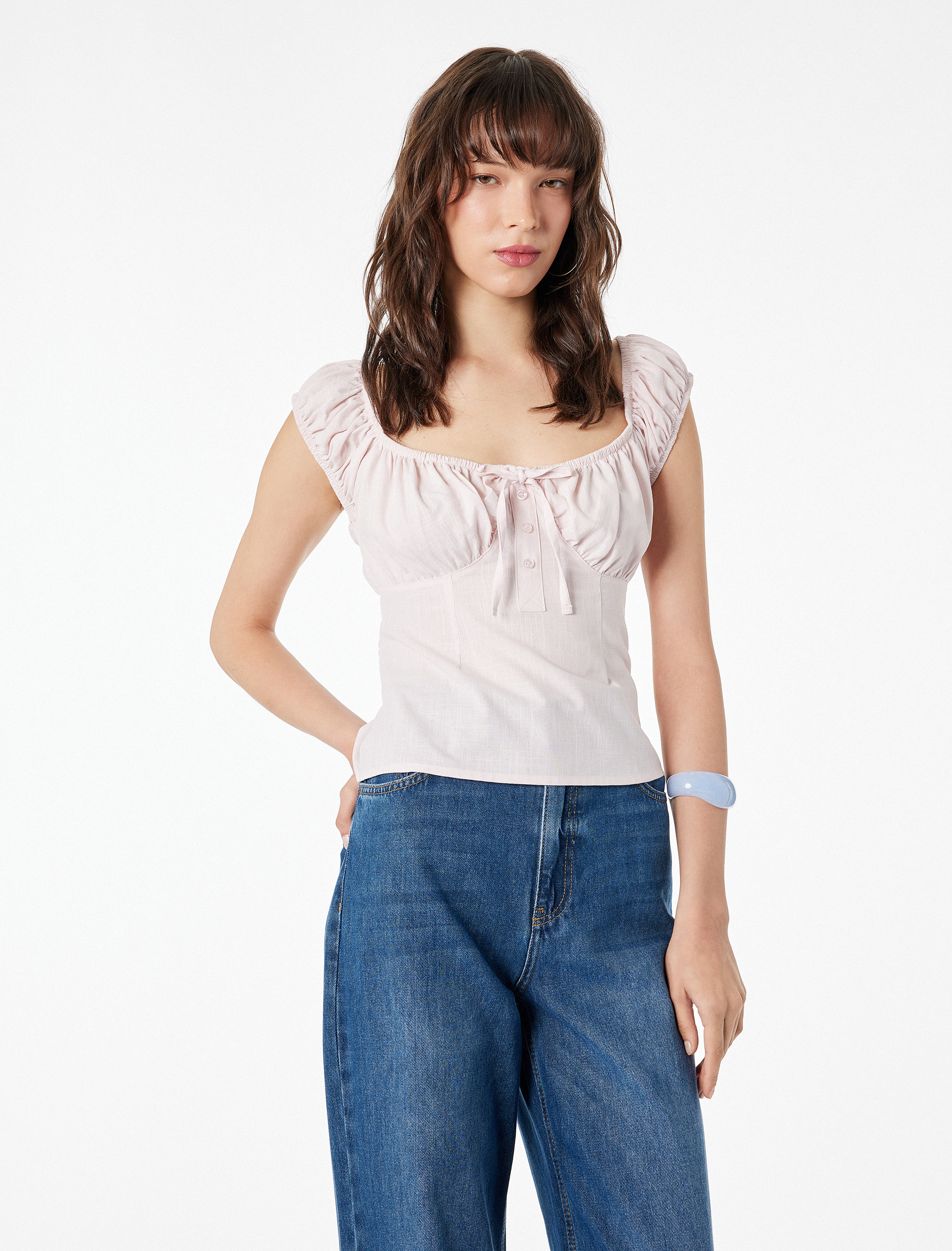   Pamuklu Slim Fit Kısa Balon Kol Bağlamalı Crop Bluz