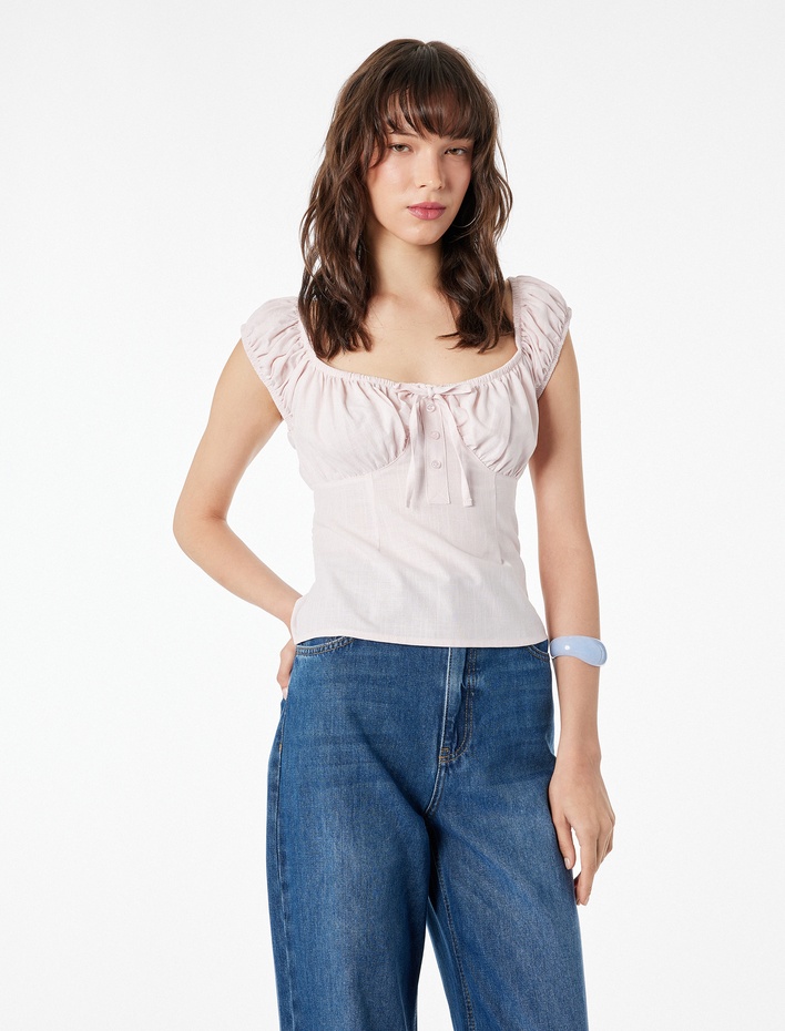  Pamuklu Slim Fit Kısa Balon Kol Bağlamalı Crop Bluz