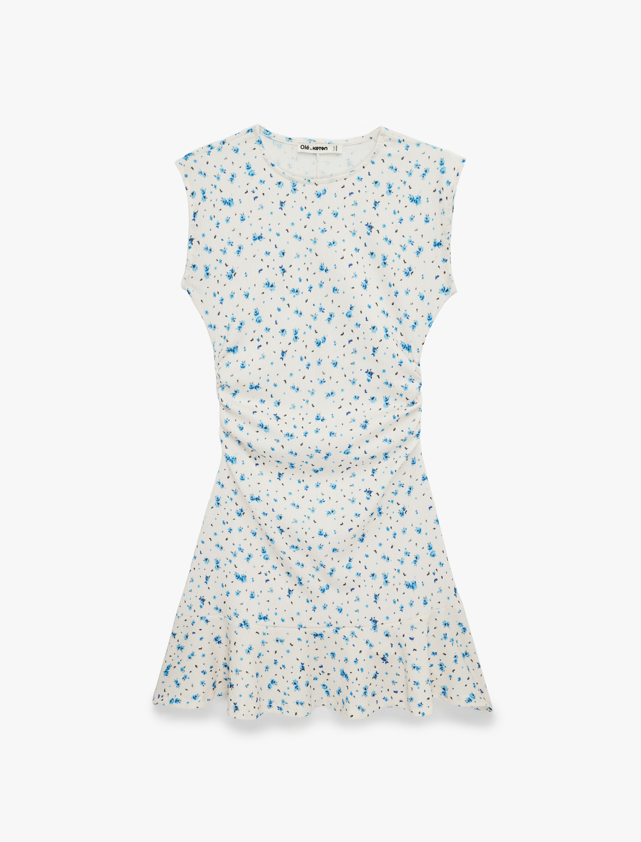   Kolsuz Drapeli Bisiklet Yaka Slim Fit Çiçekli Kloş Mini Elbise