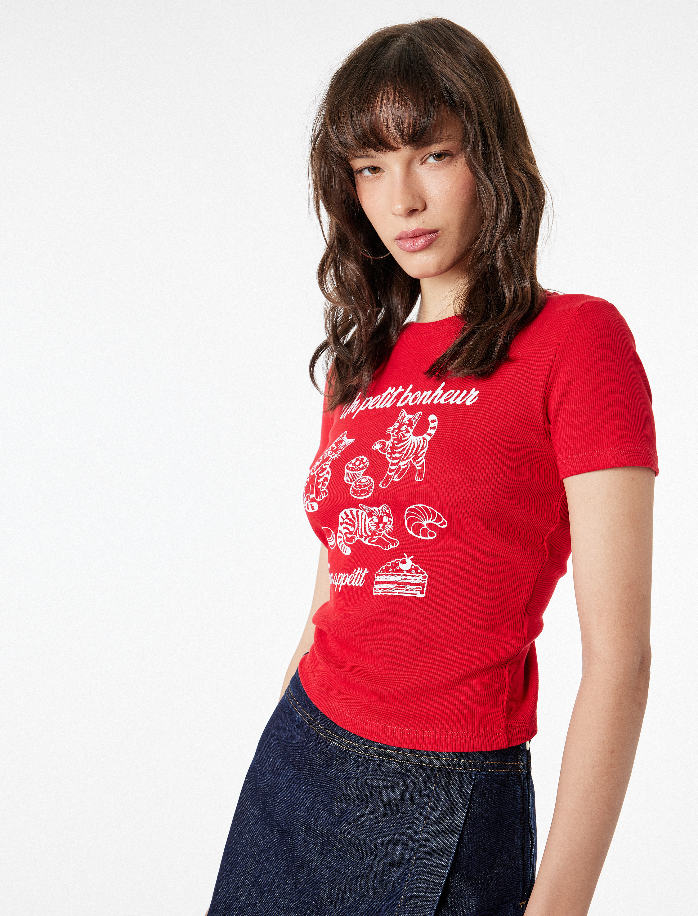   Regular Fit Kısa Kollu Bisiklet Yaka Pamuklu Kedi Baskılı Tişört