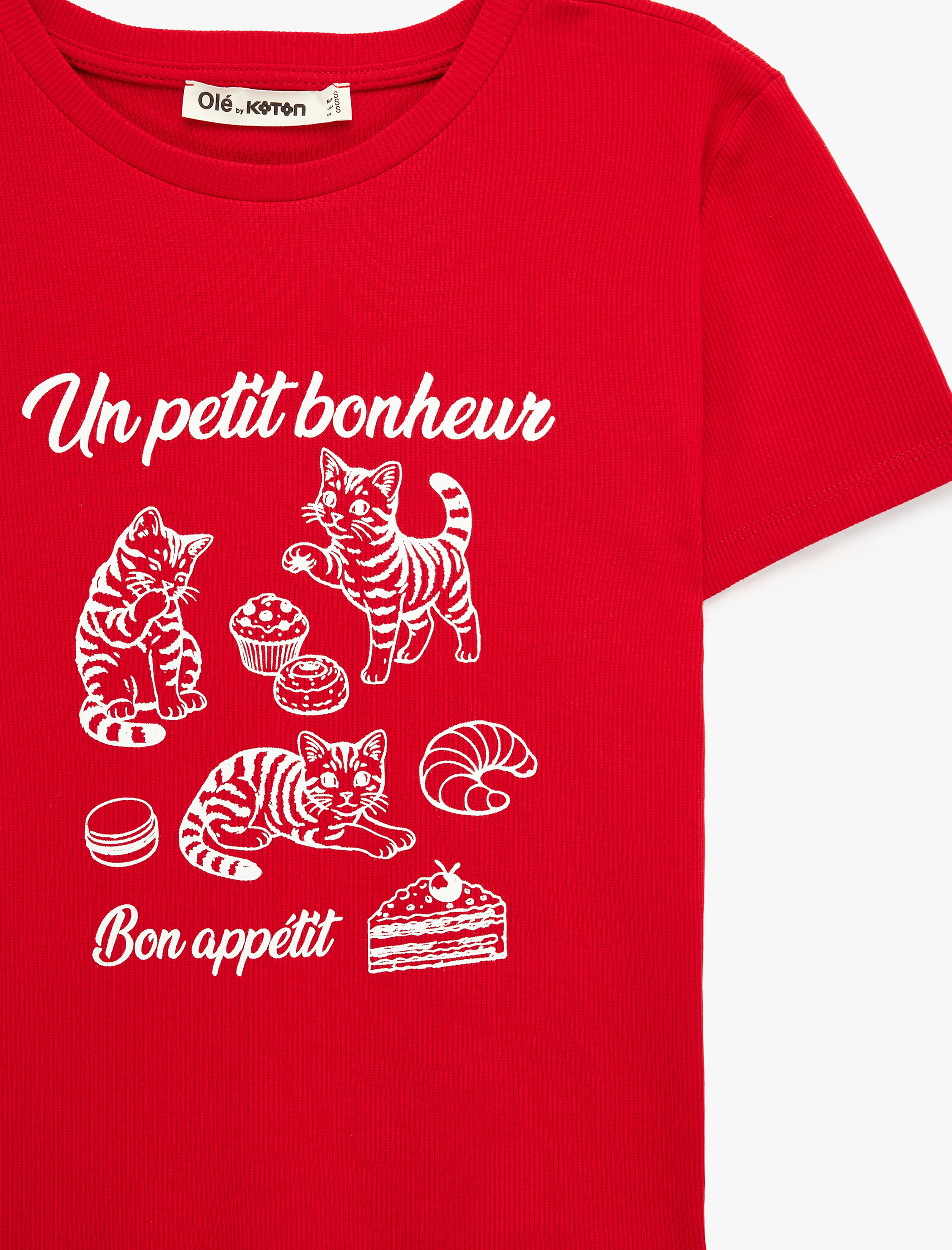   Regular Fit Kısa Kollu Bisiklet Yaka Pamuklu Kedi Baskılı Tişört