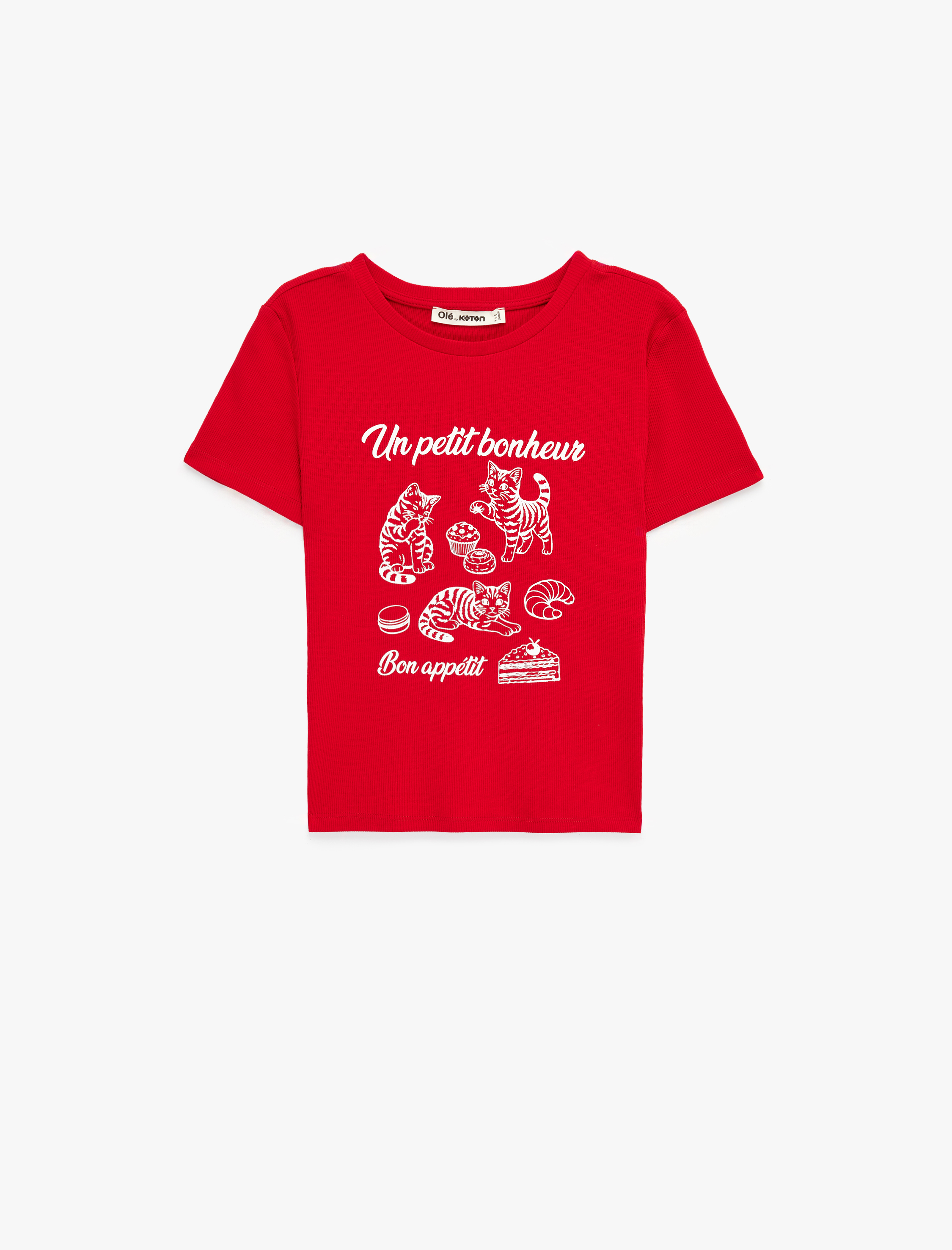   Regular Fit Kısa Kollu Bisiklet Yaka Pamuklu Kedi Baskılı Tişört