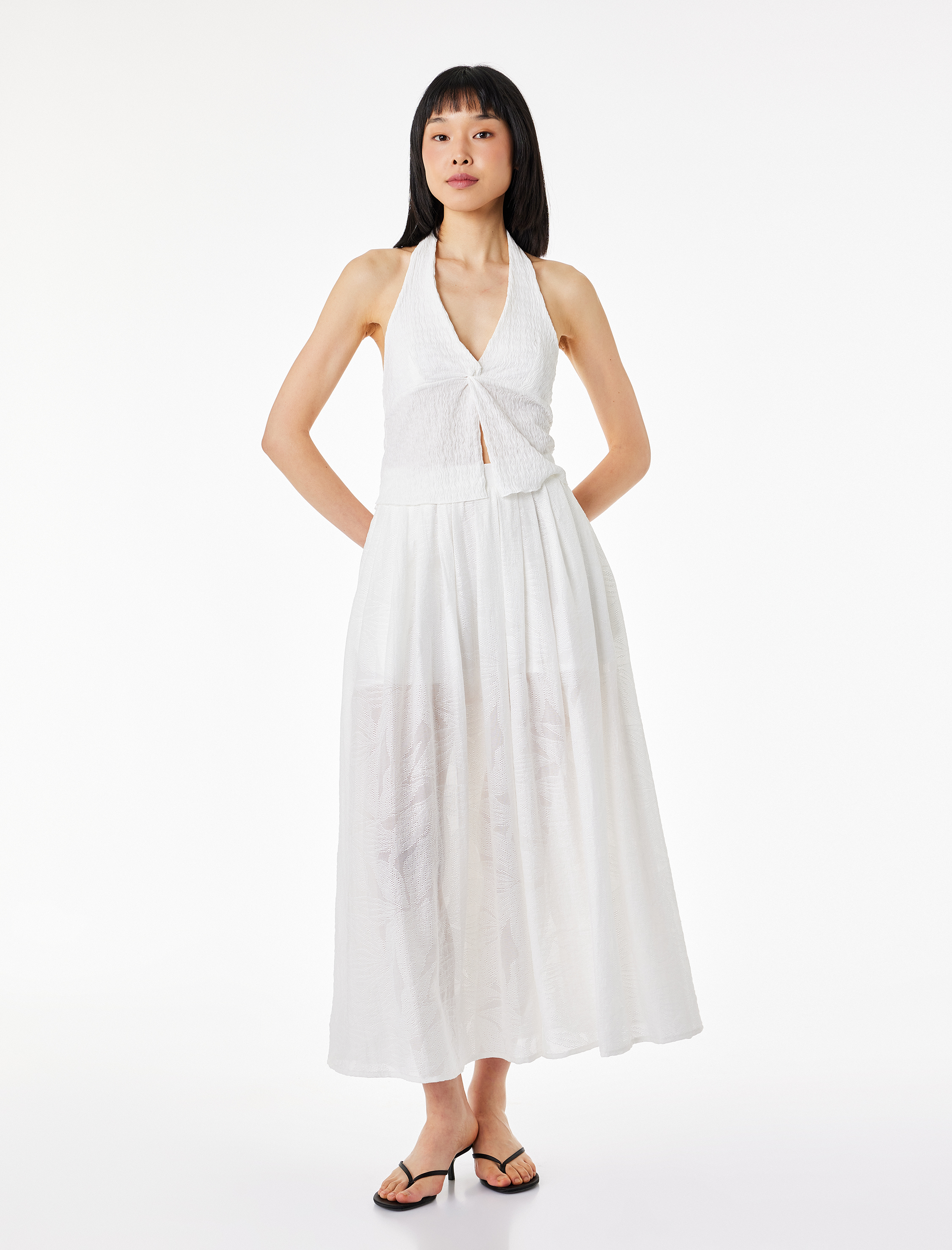   Viskon Kumaş Floral Dokulu Yırtmaç Detaylı Pileli Midi Kloş Etek