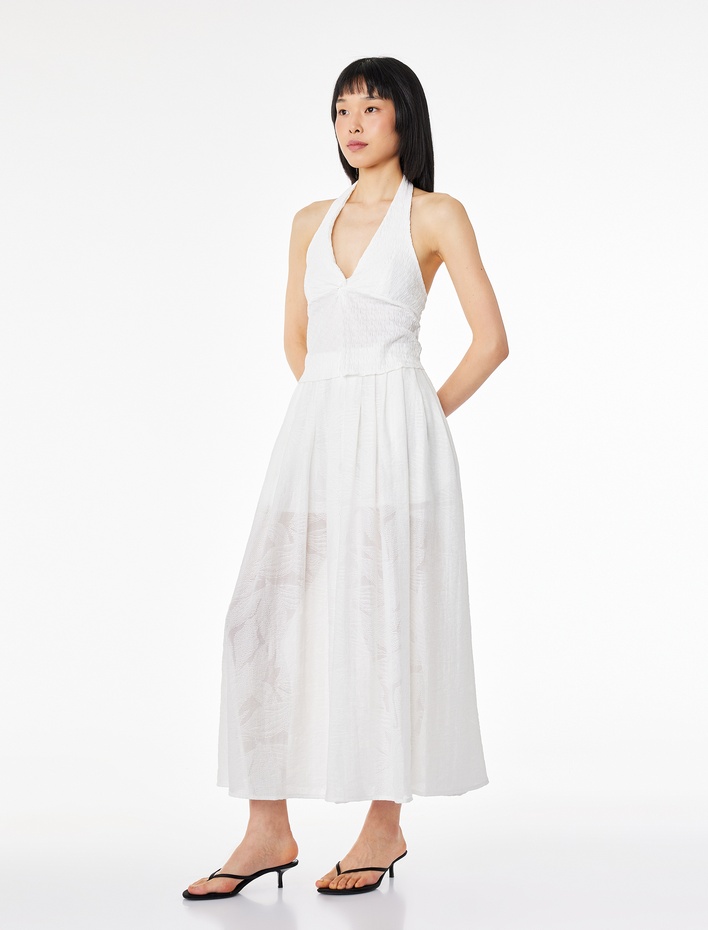  Viskon Kumaş Floral Dokulu Yırtmaç Detaylı Pileli Midi Kloş Etek