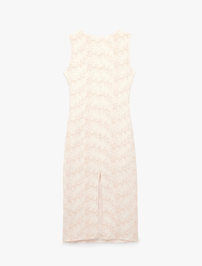  Kolsuz Bisiklet Yaka Drapeli Çiçek Nakışlı Uzun Elbise