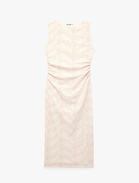 Kolsuz Bisiklet Yaka Drapeli Çiçek Nakışlı Uzun Elbise