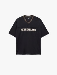 V Yaka Kısa Kollu Oversize Baskılı Spor Tişört