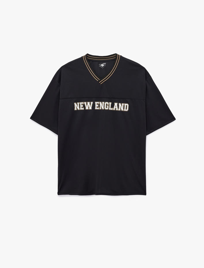  V Yaka Kısa Kollu Oversize Baskılı Spor Tişört