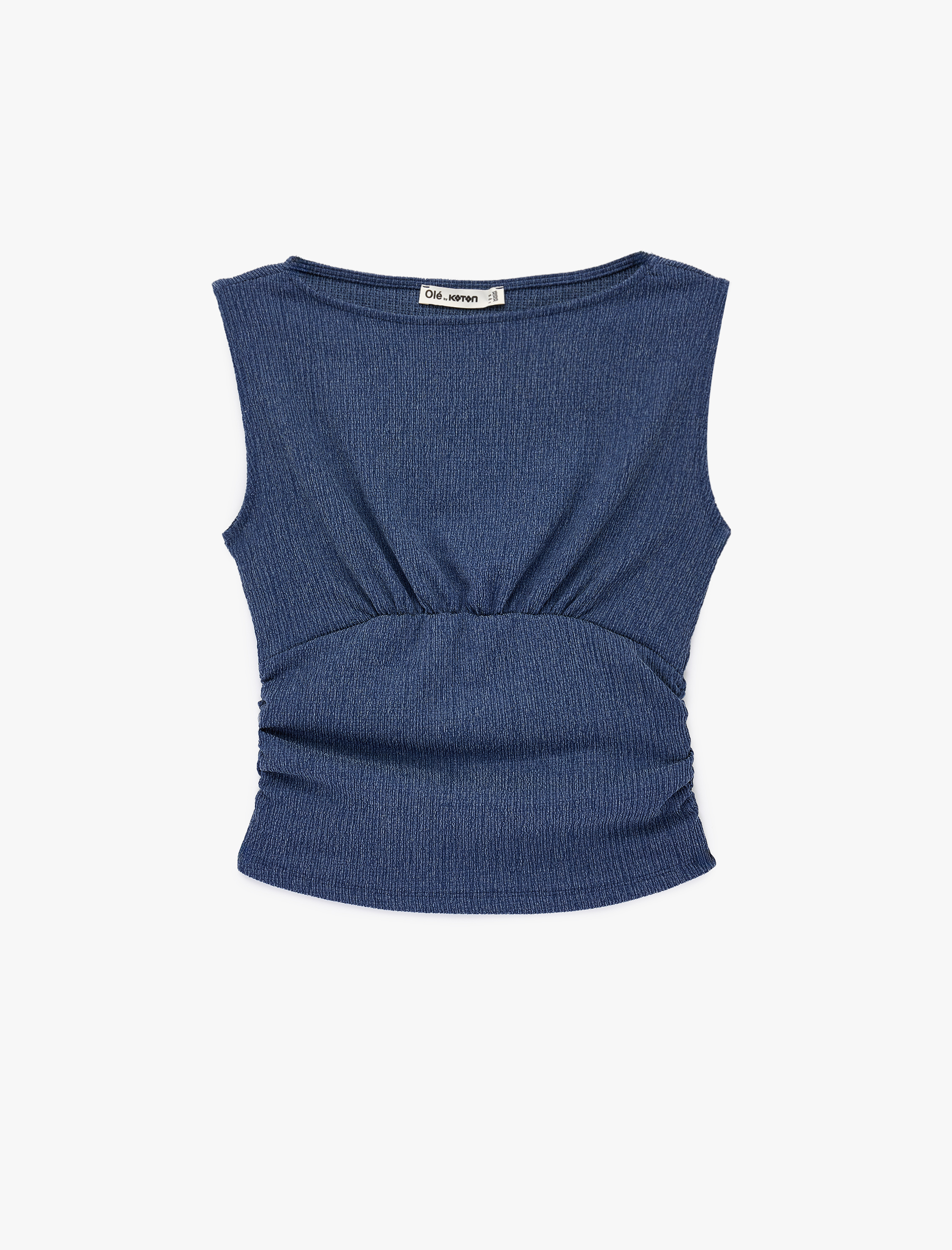   Büzgülü Kayık Yaka Slim Fit Bürümcük Kolsuz Bluz