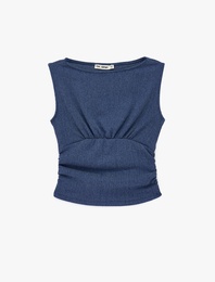 Büzgülü Kayık Yaka Slim Fit Bürümcük Kolsuz Bluz