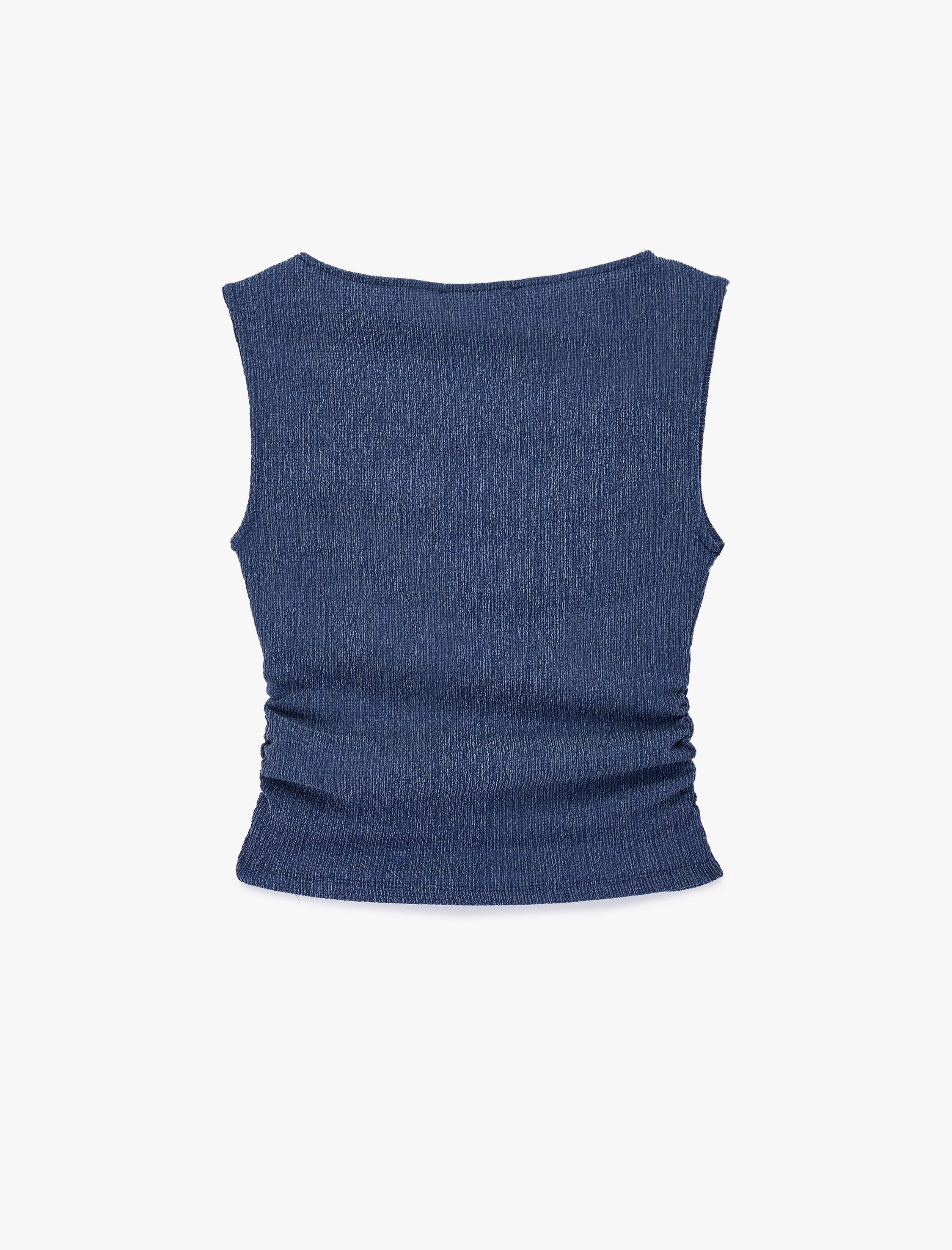   Büzgülü Kayık Yaka Slim Fit Bürümcük Kolsuz Bluz