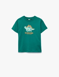 Pamuklu Kısa Kollu Bisiklet Yaka Dinozor Baskılı Tişört