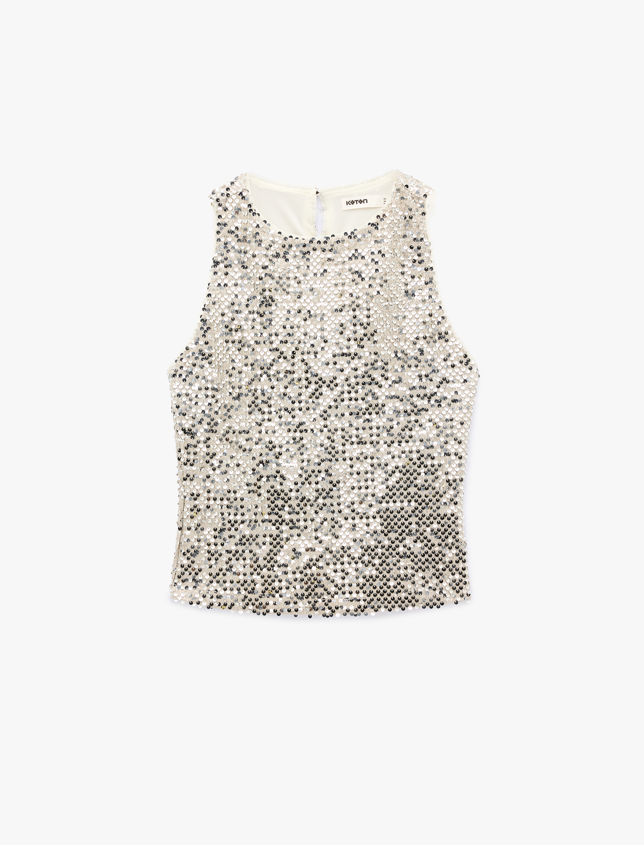   Yuvarlak Yaka Kolsuz Pullu Payetli Bluz