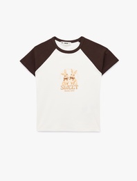 Pamuklu Slim Fit Kısa Reglan Kollu Tavşan Baskılı Tişört