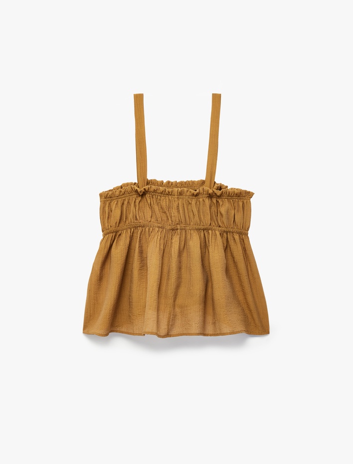  Viskon Dokulu Kumaş Büzgülü Askılı Bluz