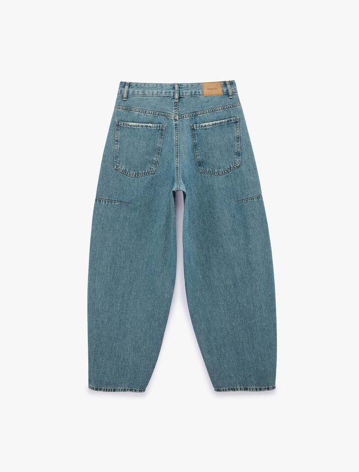  Pamuklu Düğmeli Cepli Rahat Kalıp Balon Denim Pantolon - Balloon Jeans
