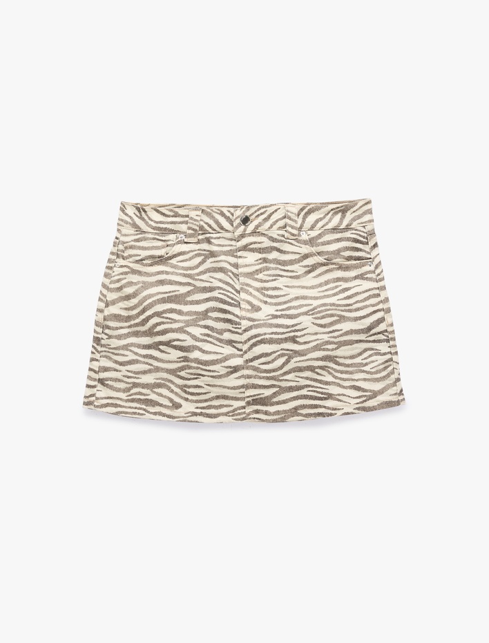  Leopar Desenli Düğmeli Cepli Mini Etek