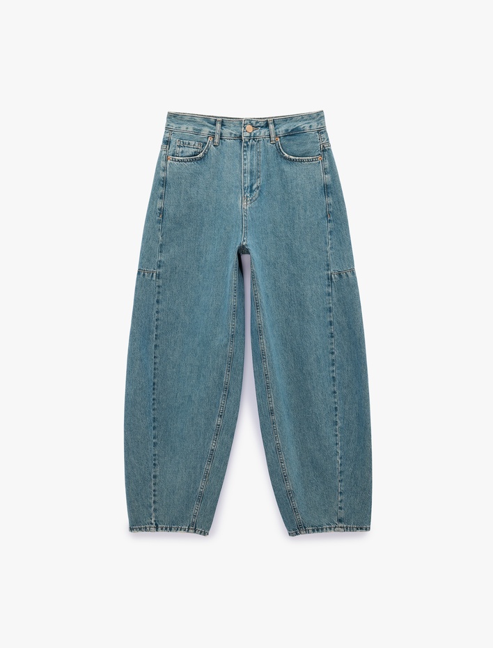  Pamuklu Düğmeli Cepli Rahat Kalıp Balon Denim Pantolon - Balloon Jeans