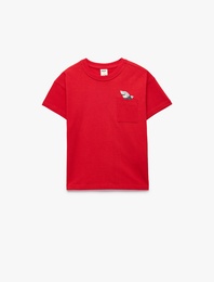 Pamuklu Kısa Kollu Cep Detaylı Bisiklet Yaka Baskılı Tişört