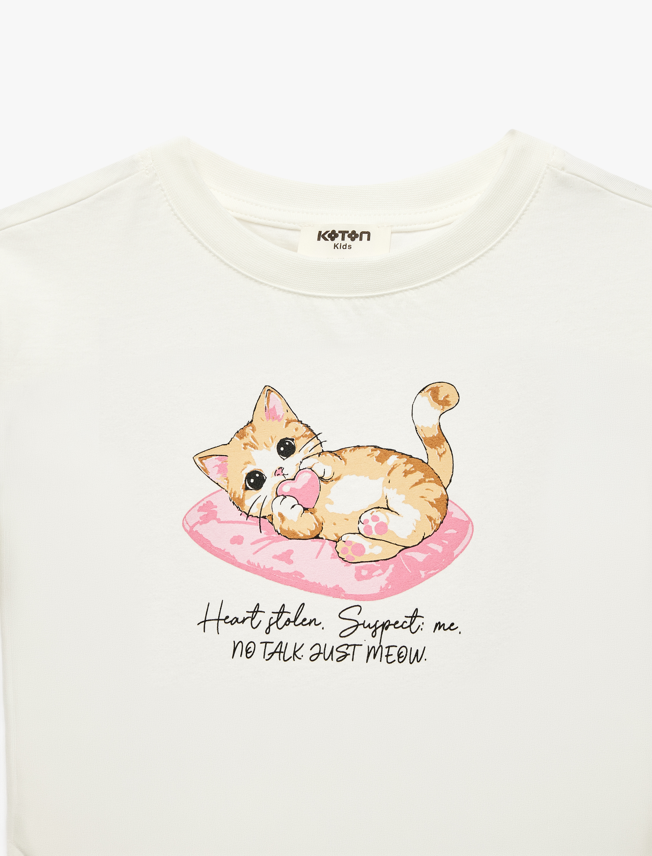  Kız Çocuk Pamuklu Kısa Kollu Bisiklet Yaka Kedi Baskılı Tişört