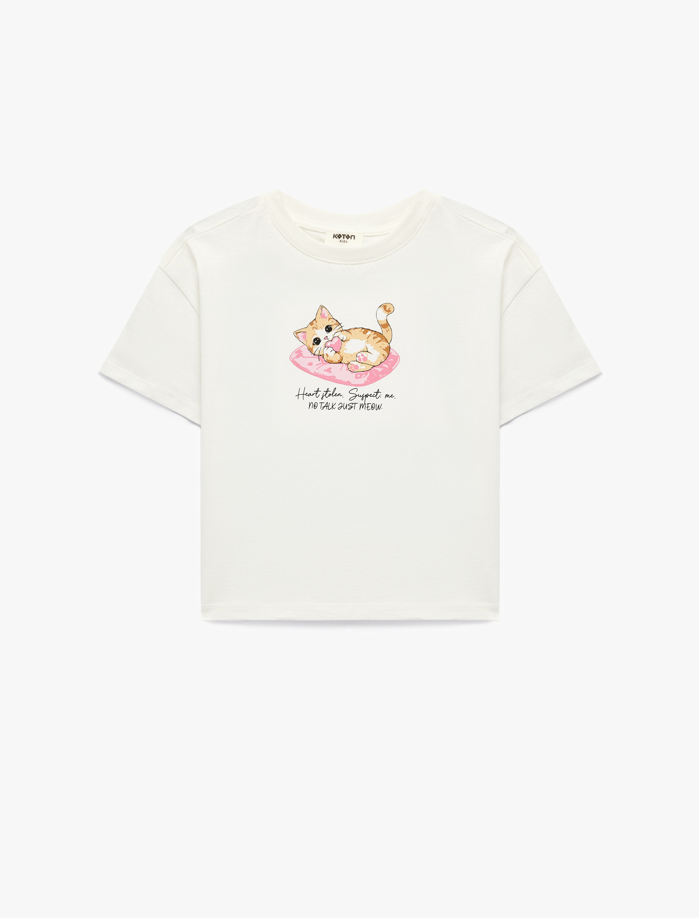  Kız Çocuk Pamuklu Kısa Kollu Bisiklet Yaka Kedi Baskılı Tişört