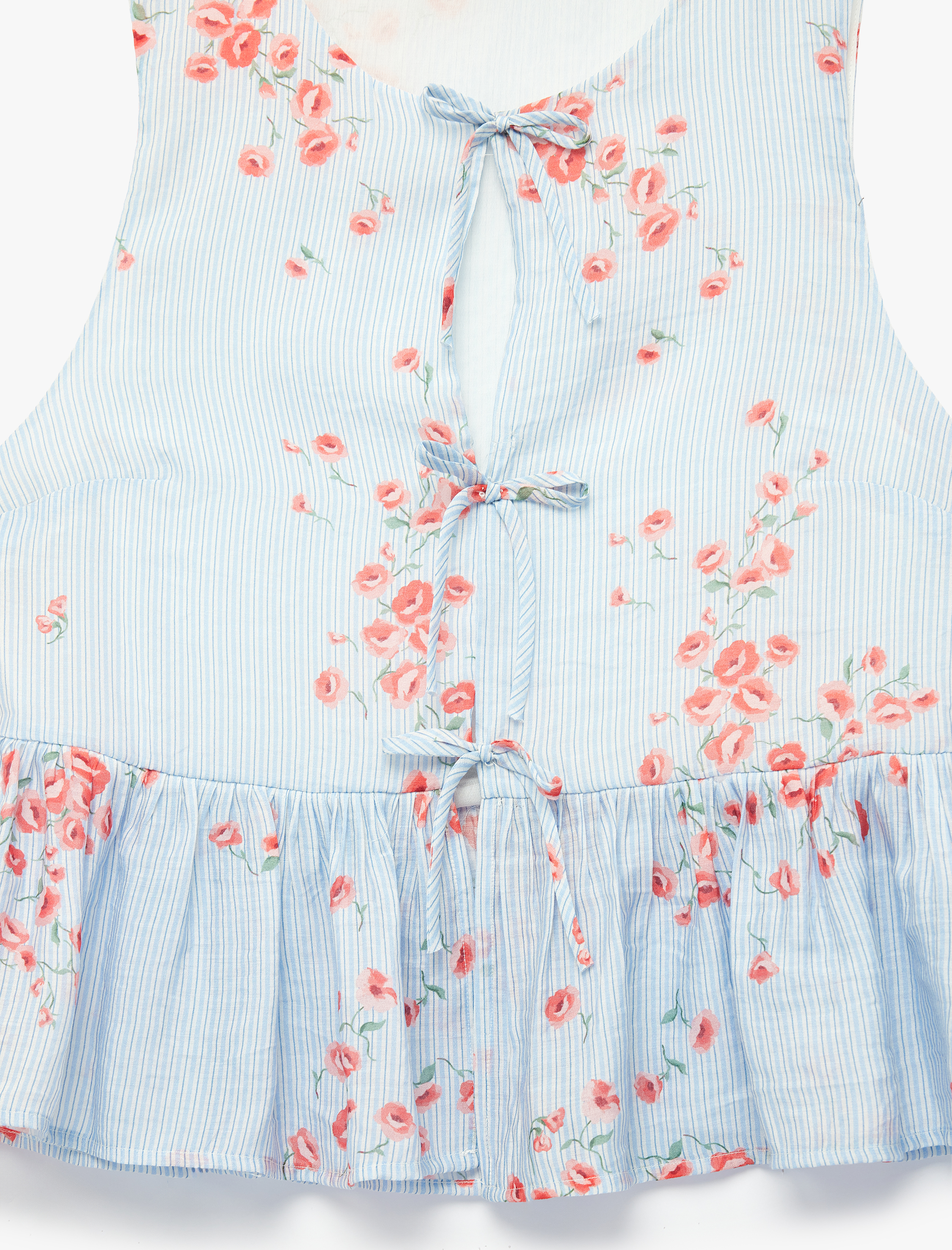   Önden Bağcıklı Fiyonklu Kolsuz Peplum Kesim Çizgili Çiçek Baskılı Şifon Bluz