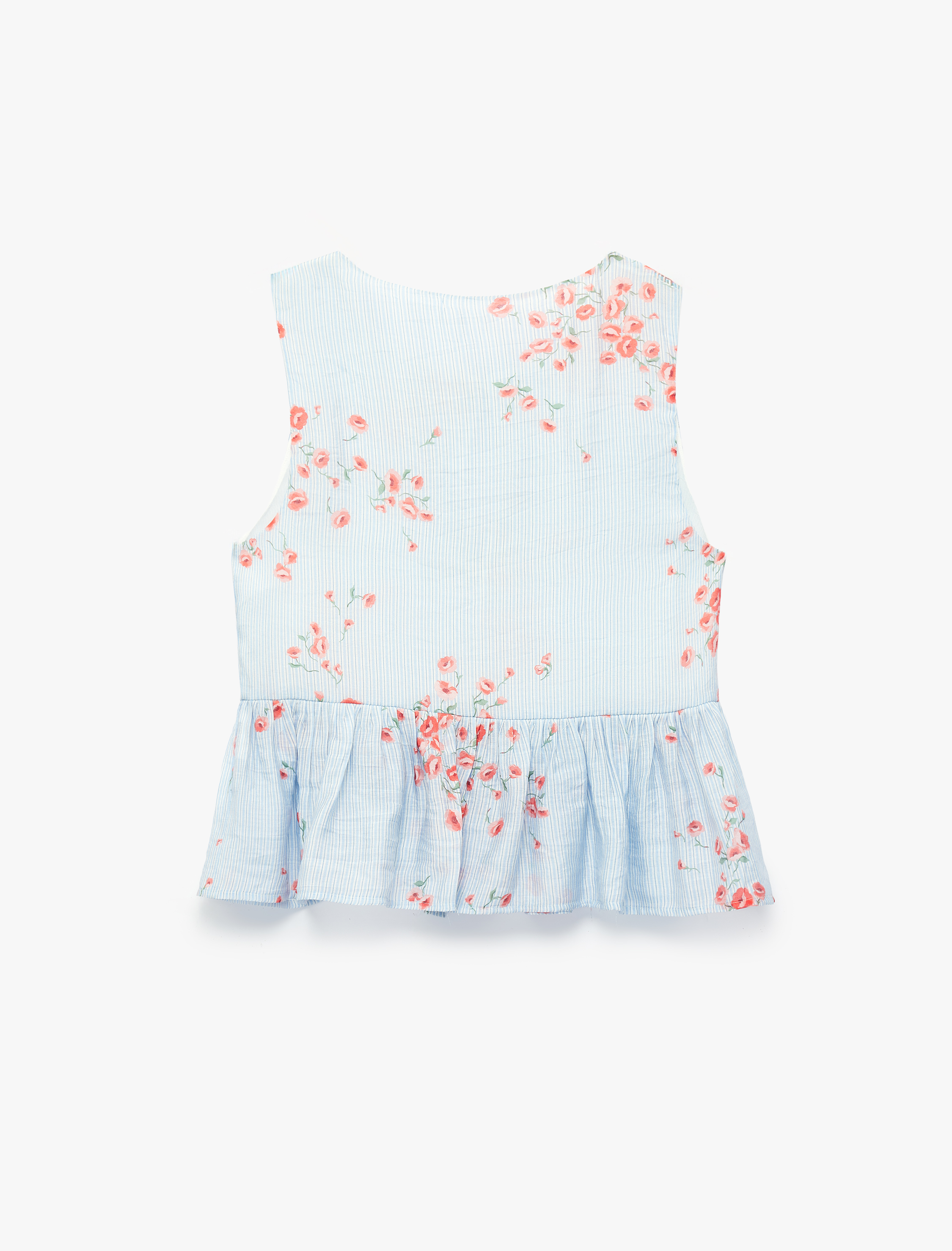   Önden Bağcıklı Fiyonklu Kolsuz Peplum Kesim Çizgili Çiçek Baskılı Şifon Bluz