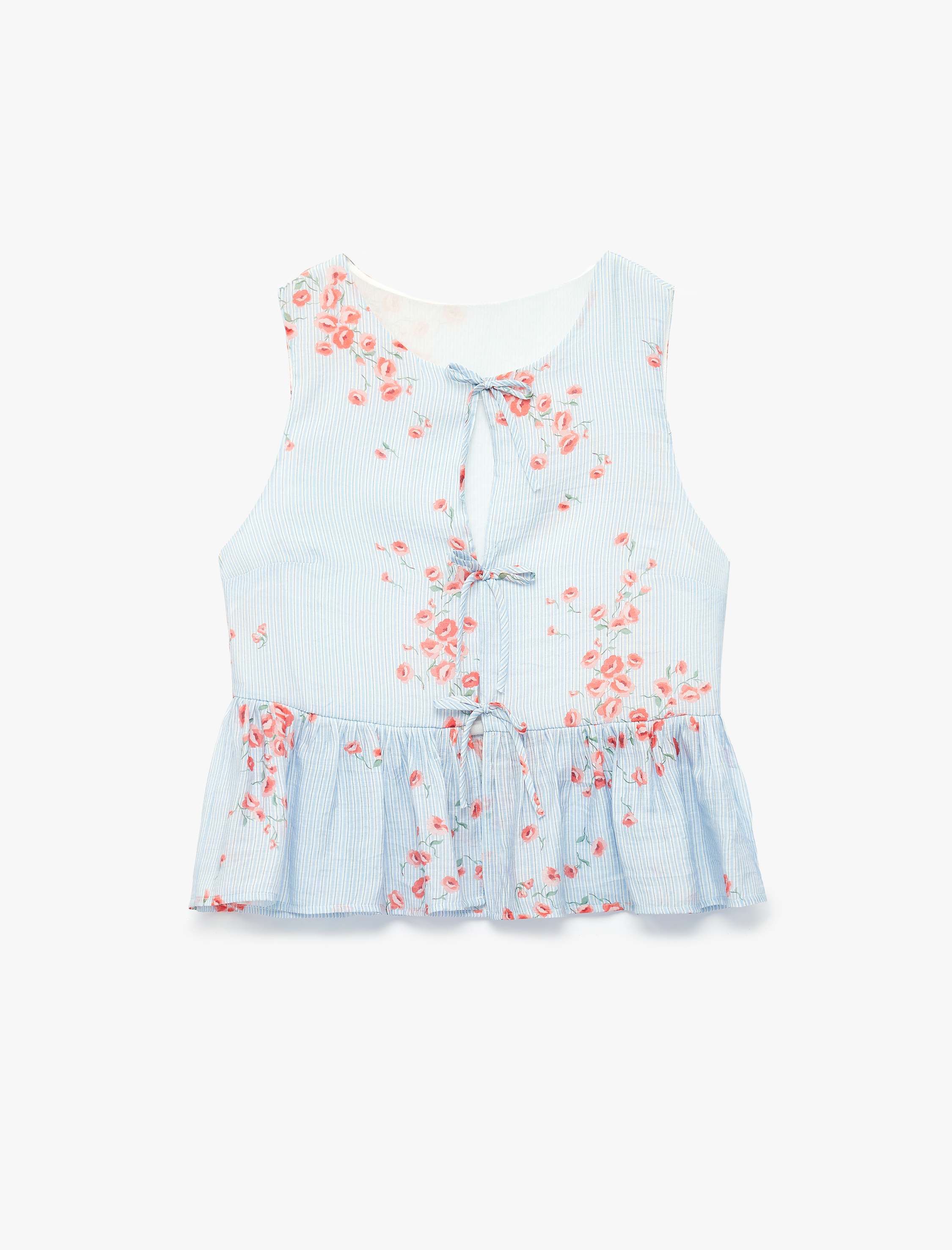   Önden Bağcıklı Fiyonklu Kolsuz Peplum Kesim Çizgili Çiçek Baskılı Şifon Bluz