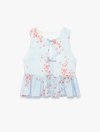 Önden Bağcıklı Fiyonklu Kolsuz Peplum Kesim Çizgili Çiçek Baskılı Şifon Bluz