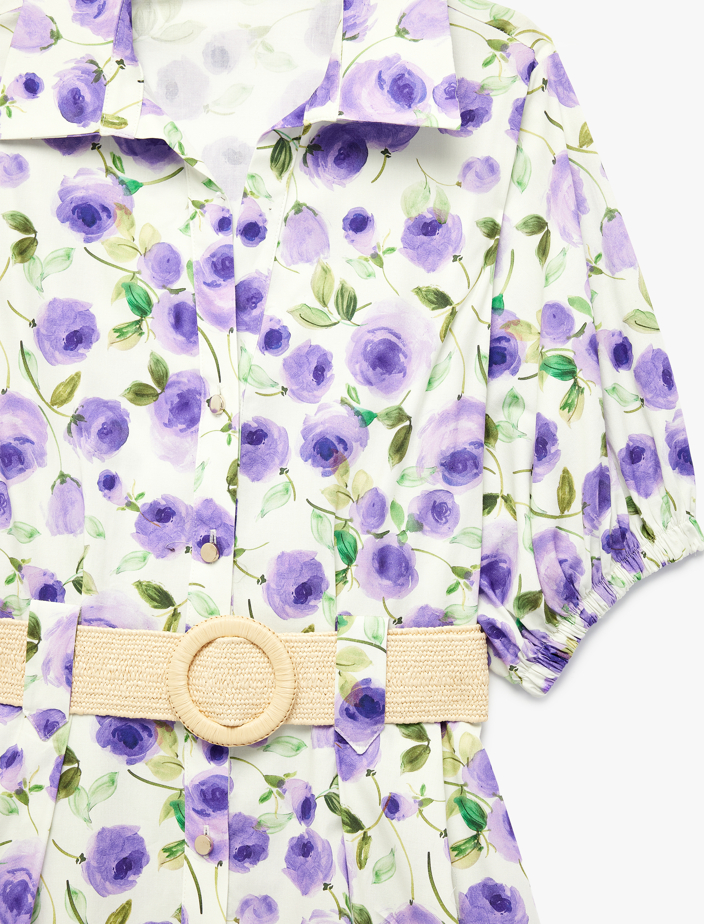   Düğmeli Kemer Detaylı Kısa Balon Kollu Uzun Çiçekli Poplin Gömlek Elbise