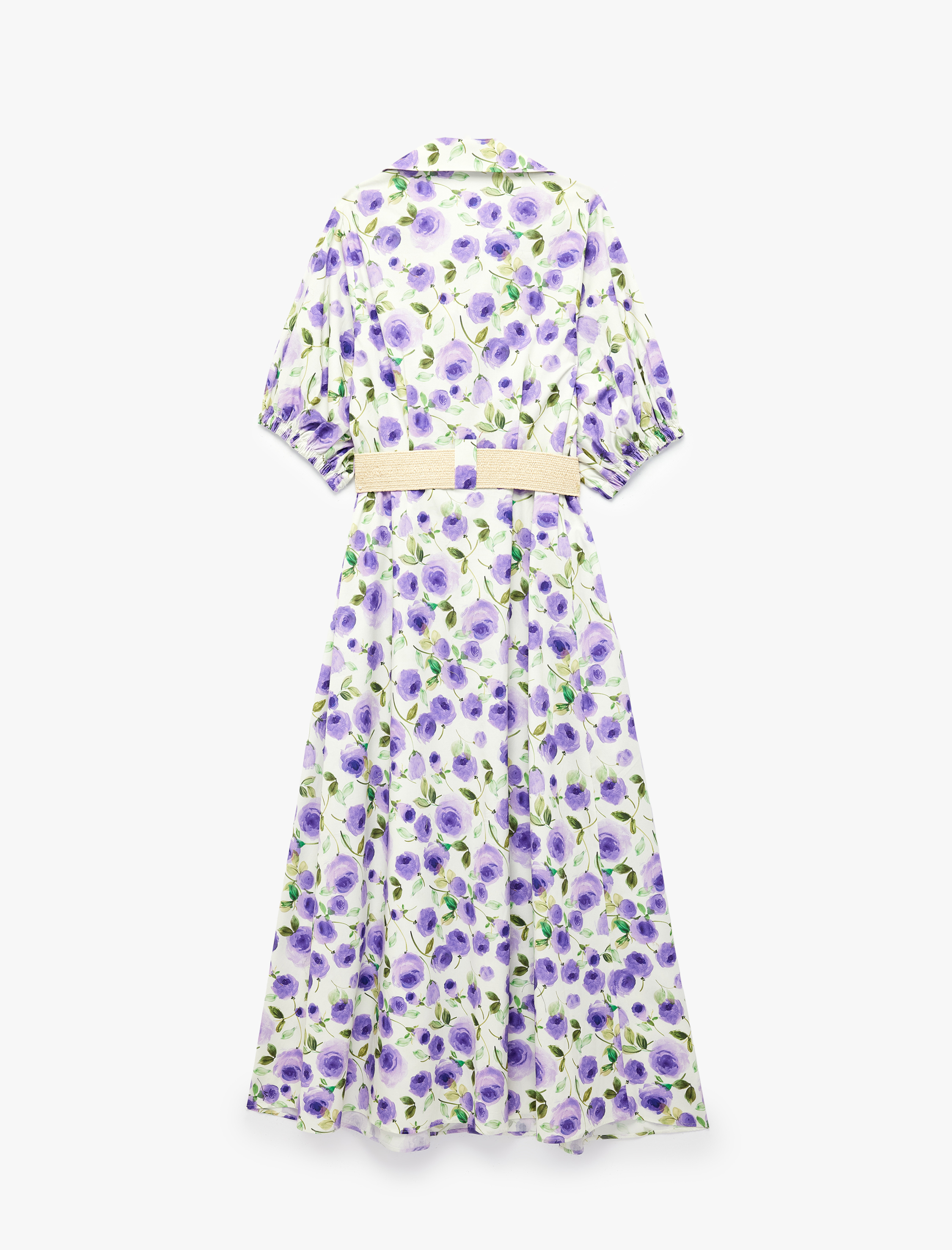   Düğmeli Kemer Detaylı Kısa Balon Kollu Uzun Çiçekli Poplin Gömlek Elbise