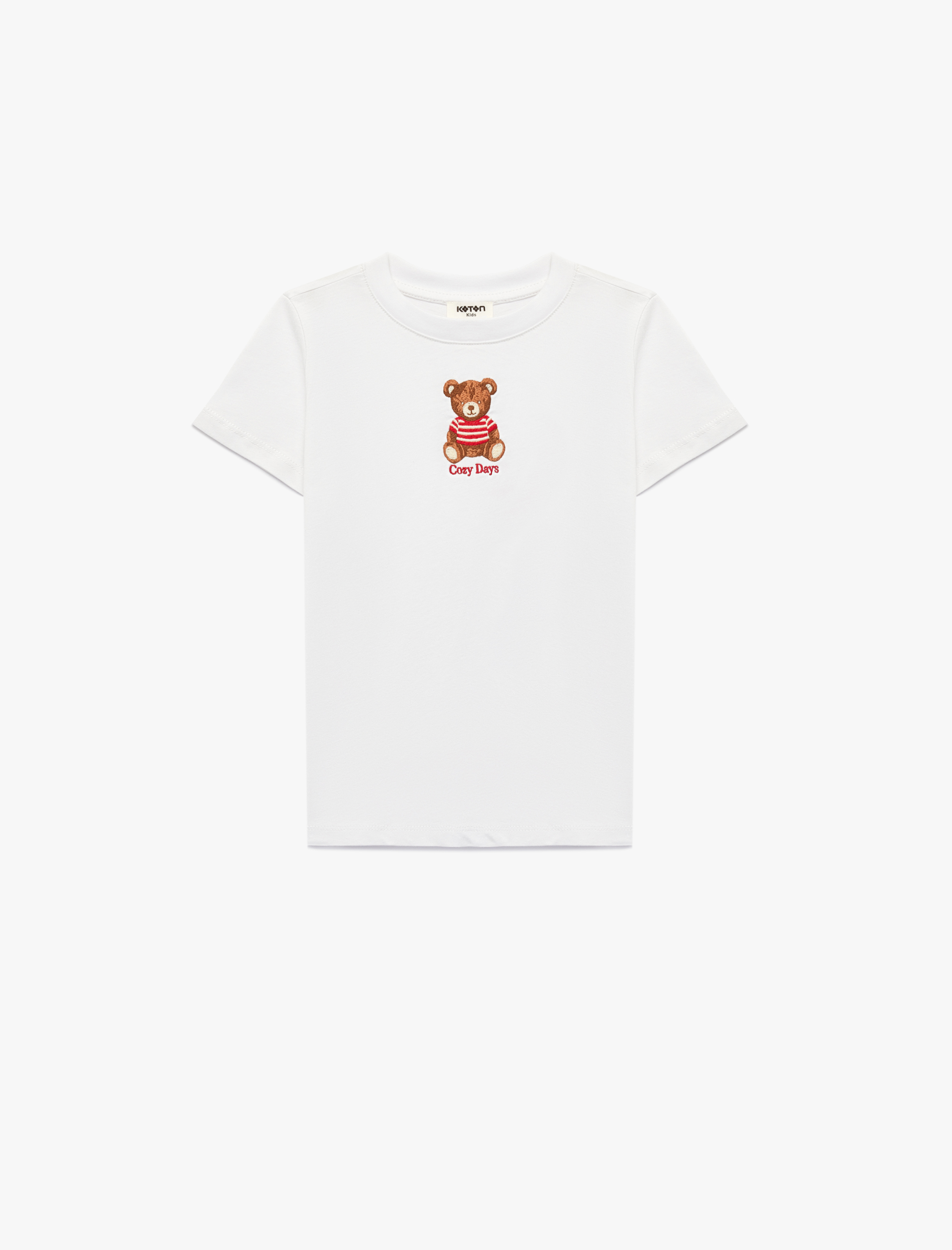  Kız Çocuk Ayıcık Nakışlı Pamuklu Bisiklet Yaka Kısa Kollu Tişört