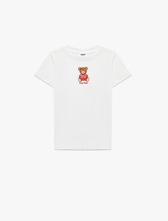 Kız Çocuk Ayıcık Nakışlı Pamuklu Bisiklet Yaka Kısa Kollu Tişört