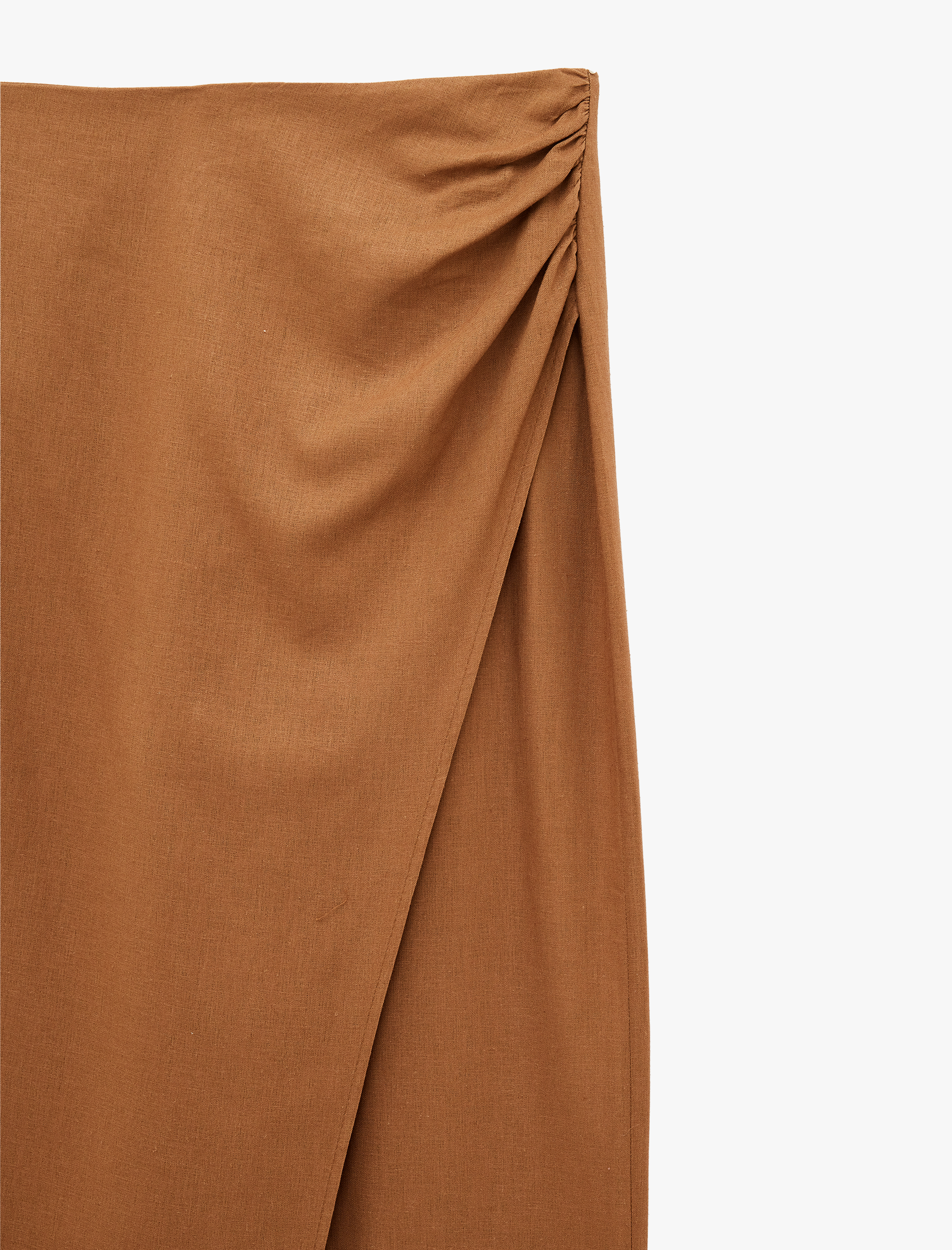   Drapeli Asimetrik Yırtmaç Detaylı Kruvaze Kalem Midi Keten Etek