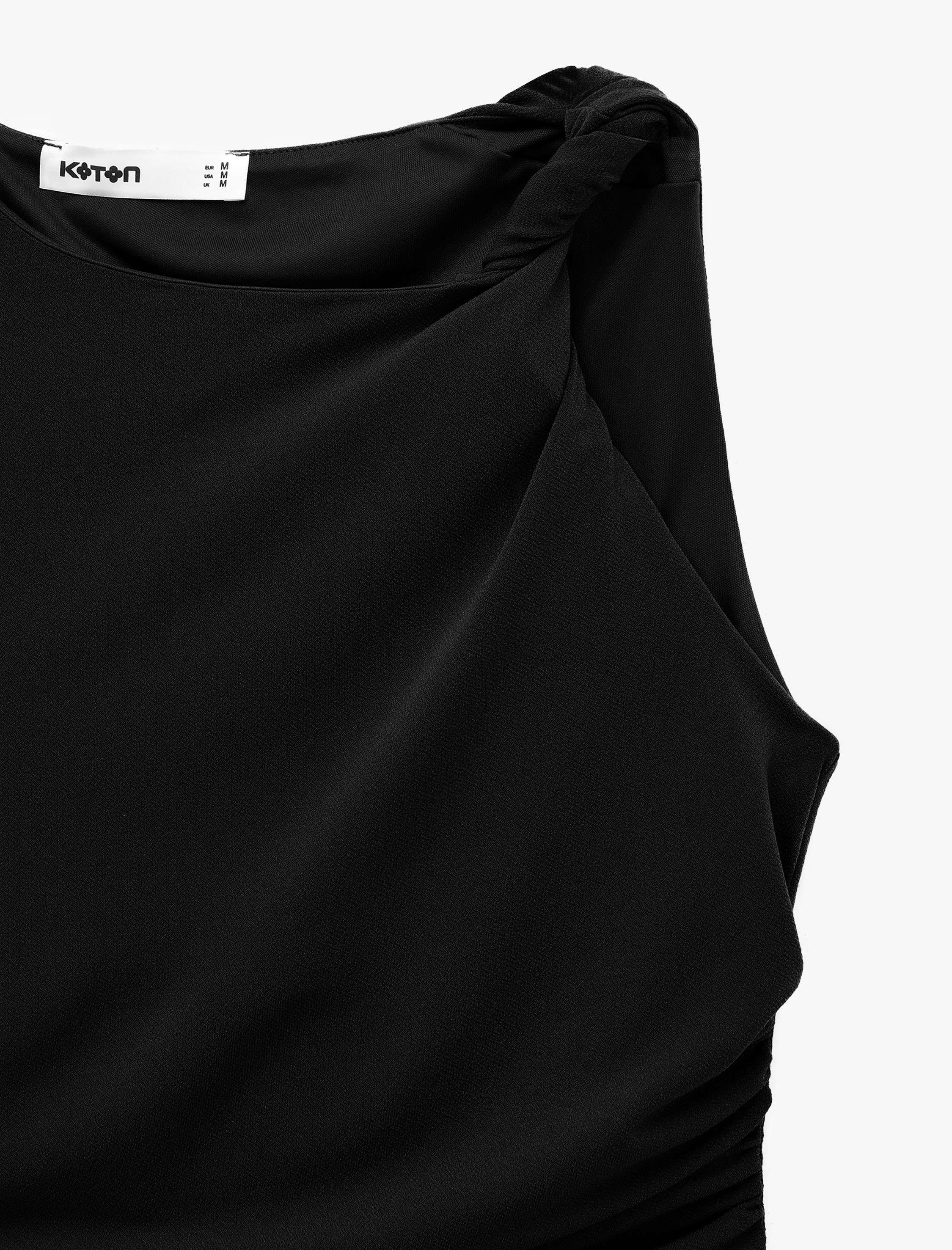   Krep Scuba Kumaş Drapeli Asimetrik Düğüm Detaylı Kolsuz Bluz