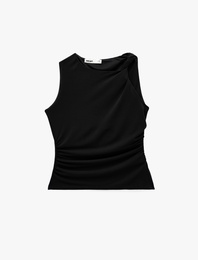 Krep Scuba Kumaş Drapeli Asimetrik Düğüm Detaylı Kolsuz Bluz