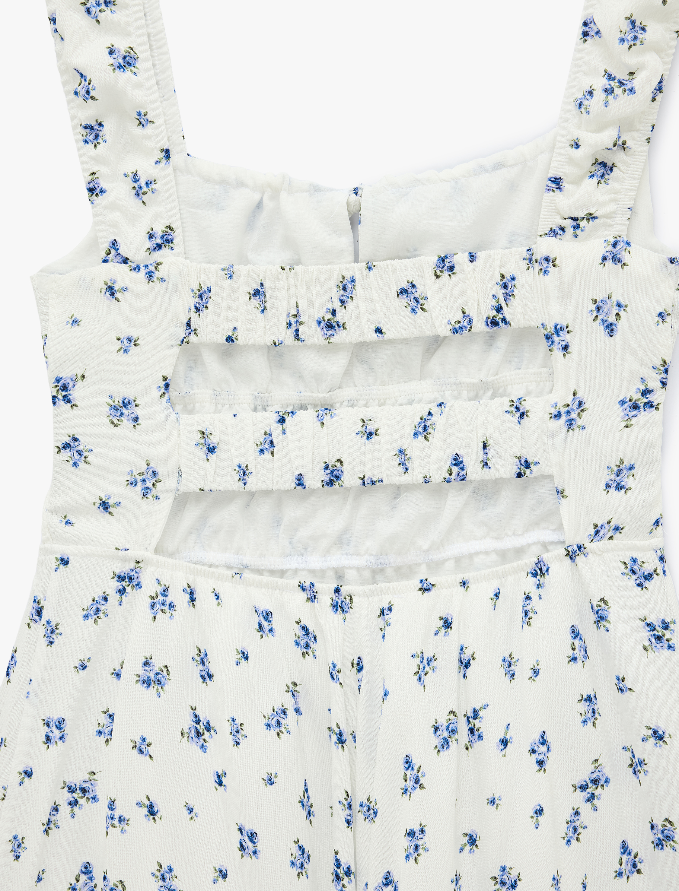   Bağlamalı Yaka Sırtı Pencere Detaylı Kolsuz Mini Çiçekli Elbise