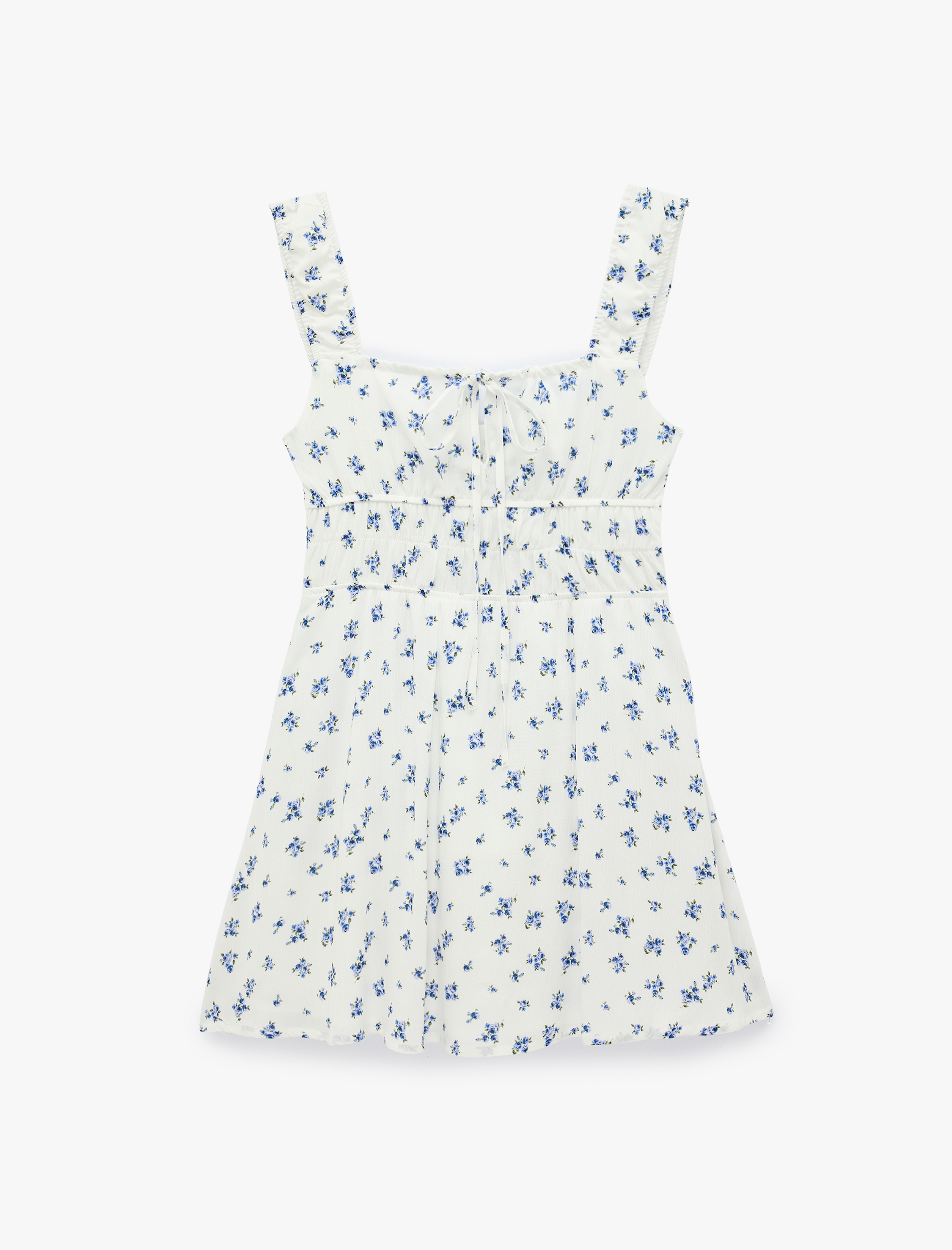   Bağlamalı Yaka Sırtı Pencere Detaylı Kolsuz Mini Çiçekli Elbise