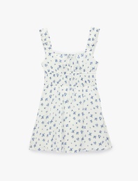 Bağlamalı Yaka Sırtı Pencere Detaylı Kolsuz Mini Çiçekli Elbise