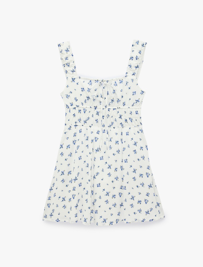  Bağlamalı Yaka Sırtı Pencere Detaylı Kolsuz Mini Çiçekli Elbise