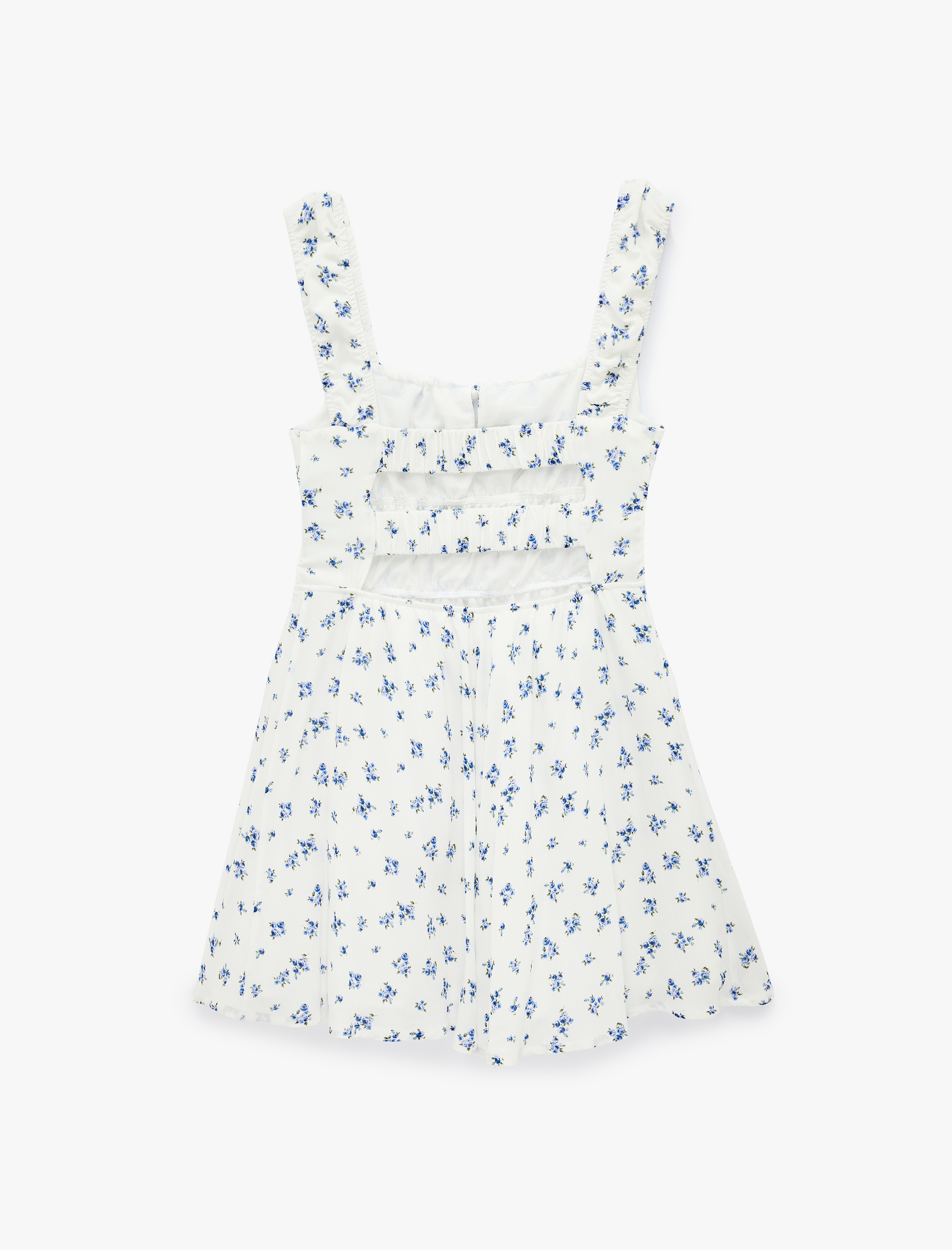   Bağlamalı Yaka Sırtı Pencere Detaylı Kolsuz Mini Çiçekli Elbise