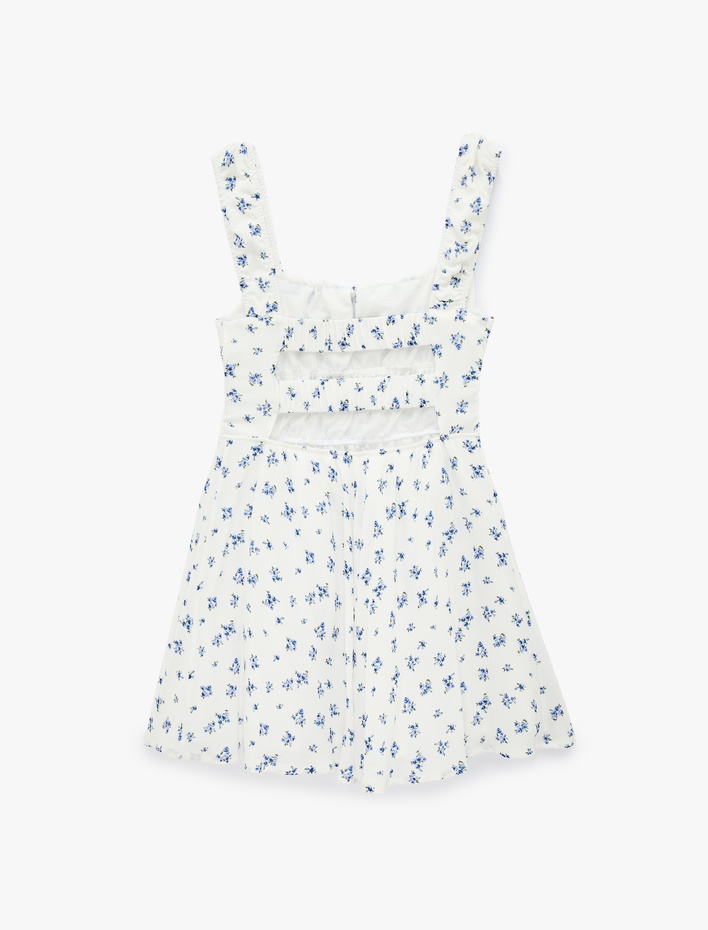  Bağlamalı Yaka Sırtı Pencere Detaylı Kolsuz Mini Çiçekli Elbise