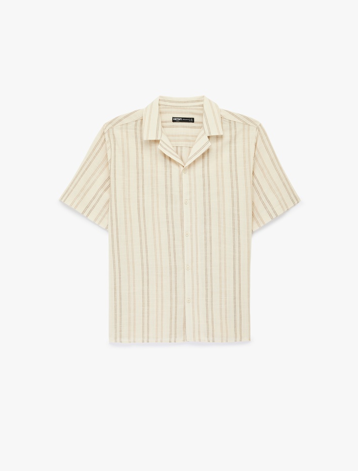  Regular Fit Kısa Kollu Devrik Yaka Pamuklu Çizgili Gömlek