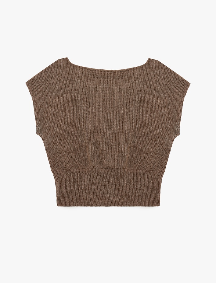  Viskon Karışımlı Bürümcük Bisiklet Yaka Kısa Kollu Crop Bluz