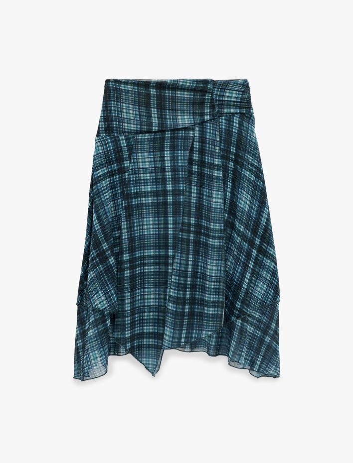  Asimetrik Kesim Ekoseli Midi Şifon Etek