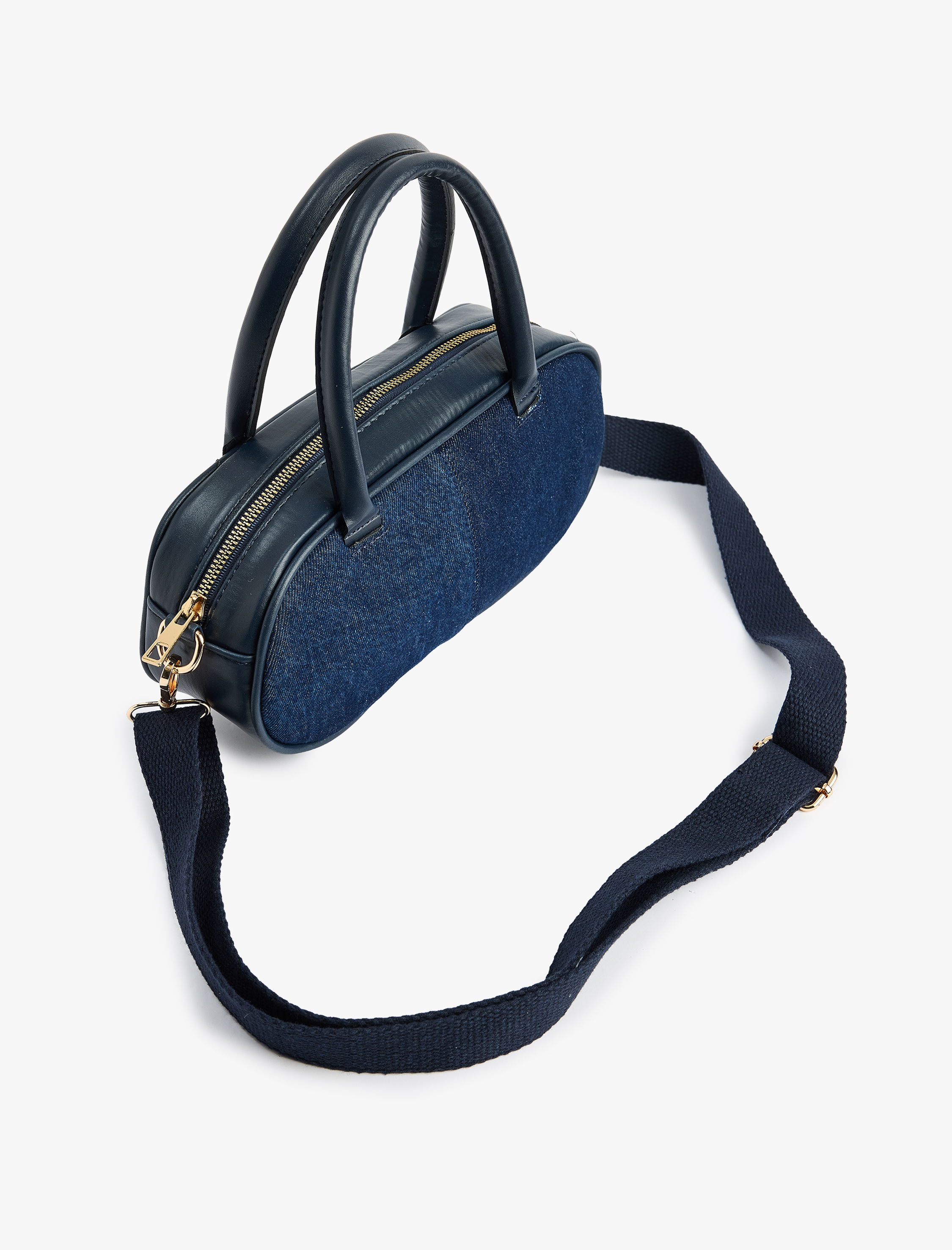  Kadın Fermuarlı Suni Deri Detaylı Saplı Denim El Çantası