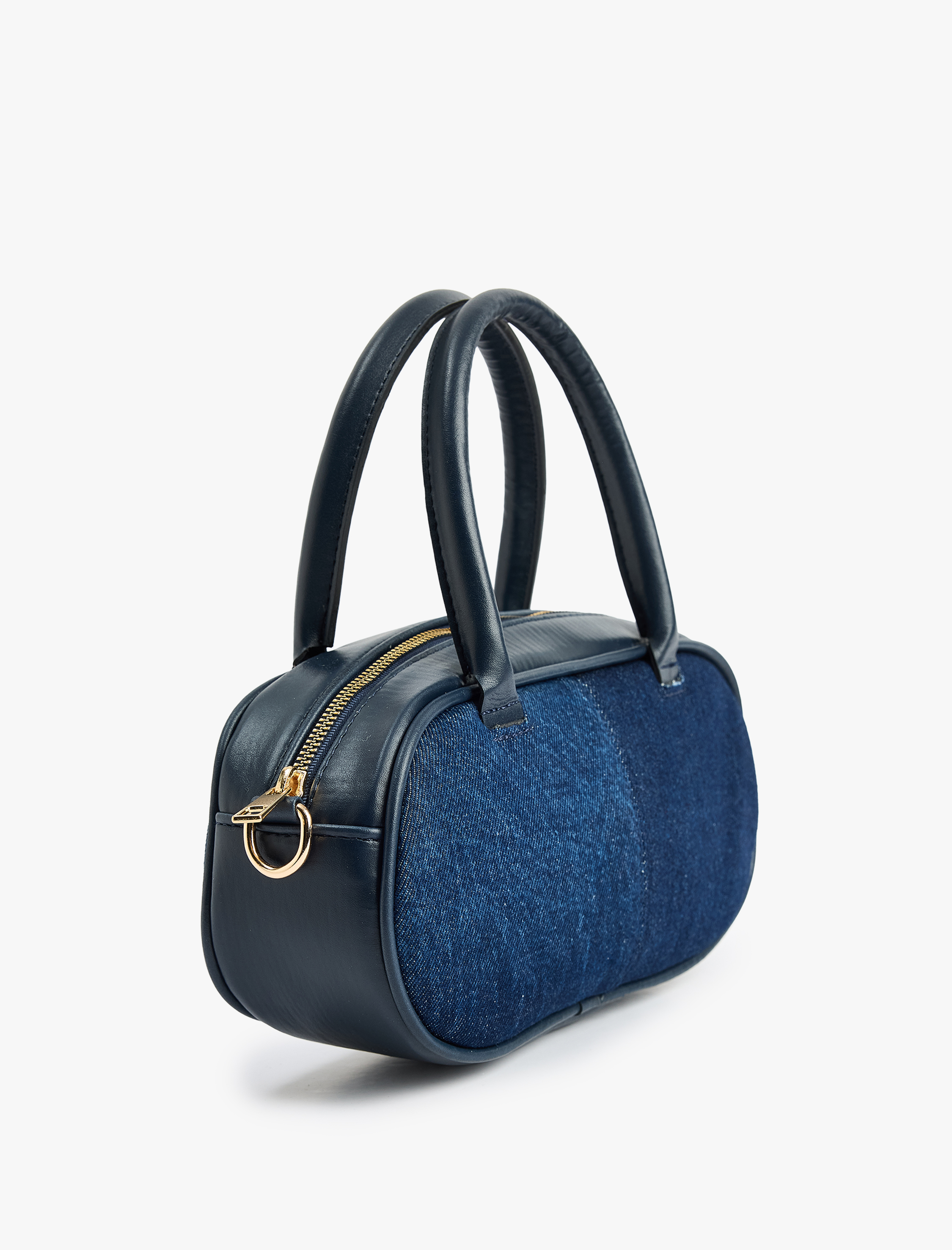  Kadın Fermuarlı Suni Deri Detaylı Saplı Denim El Çantası